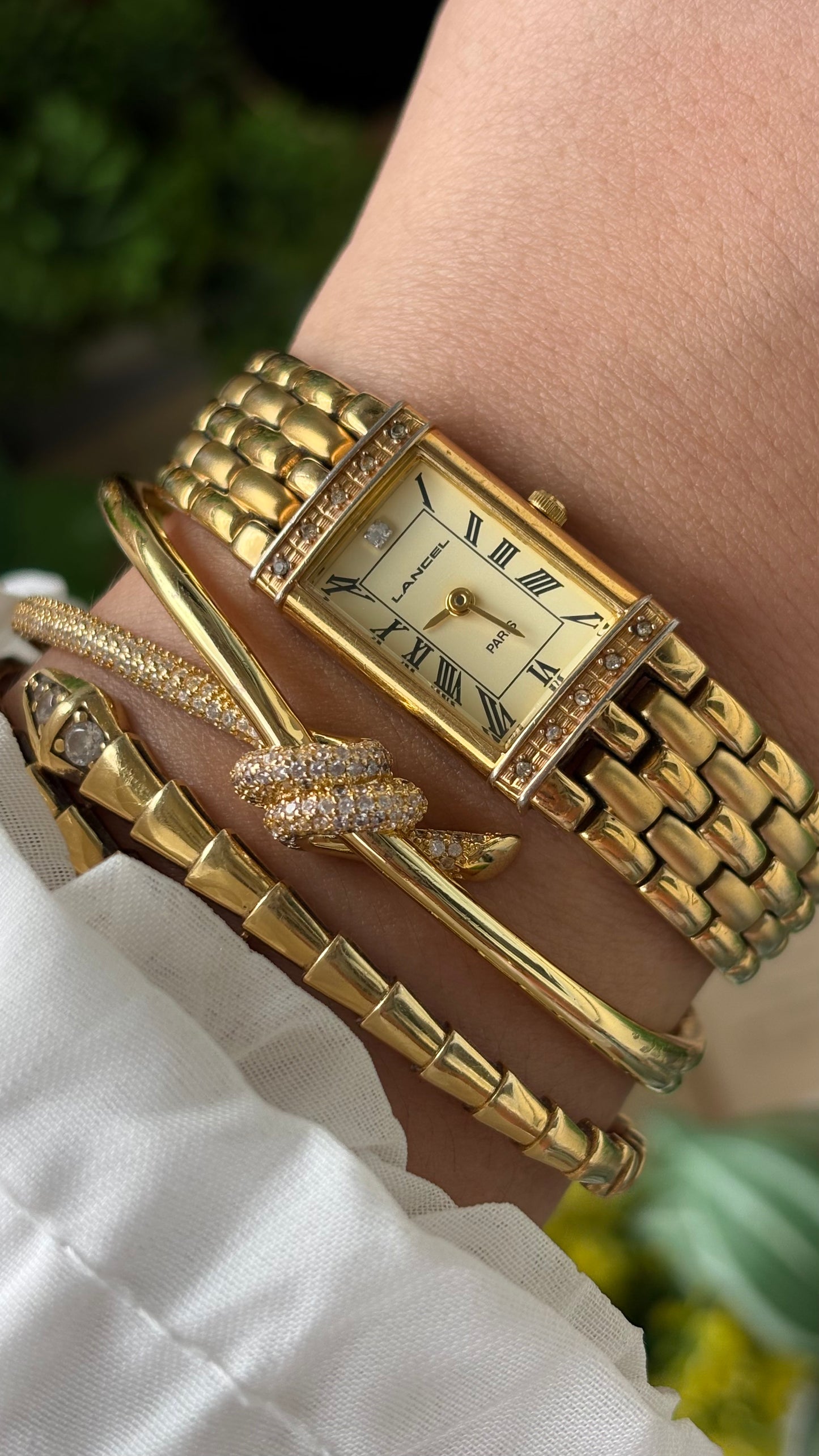 Extremely Rare Vintage Lancel Paris Bejeweled Tank Watch in Gold Tone Japan Quartz