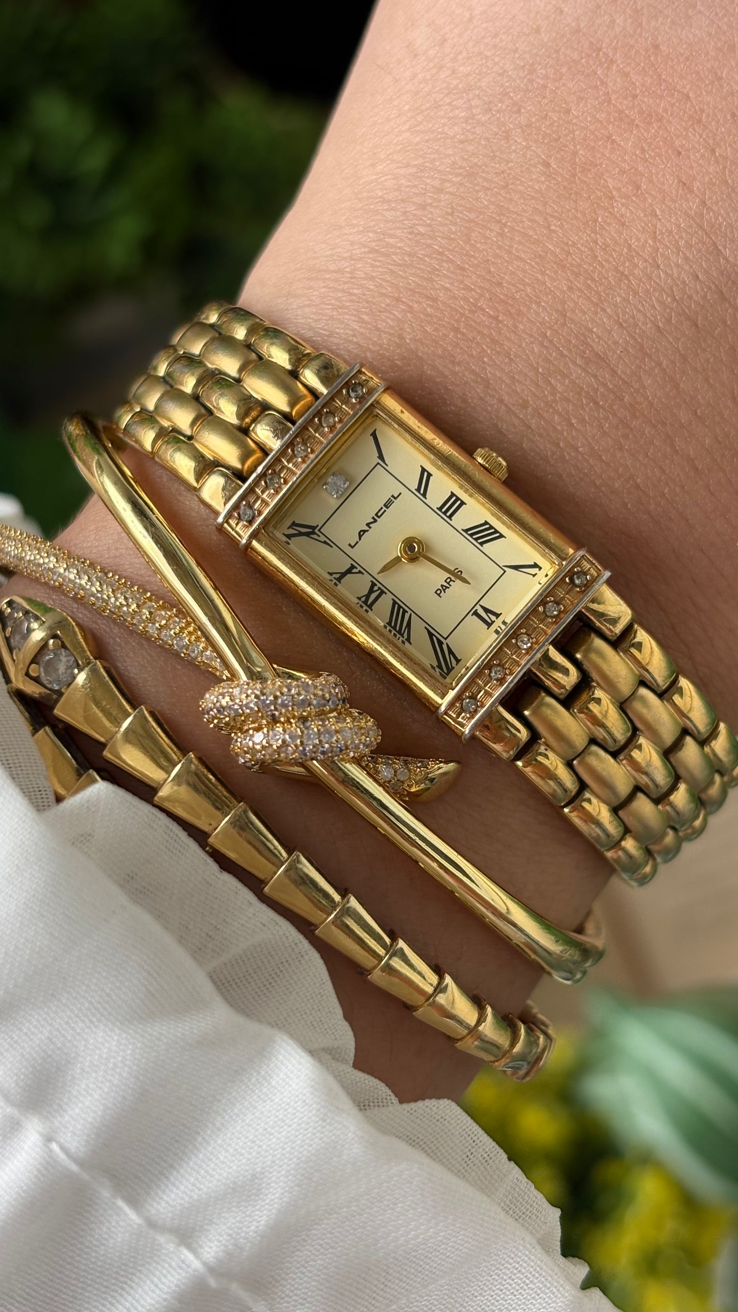 Extremely Rare Vintage Lancel Paris Bejeweled Tank Watch in Gold Tone Japan Quartz