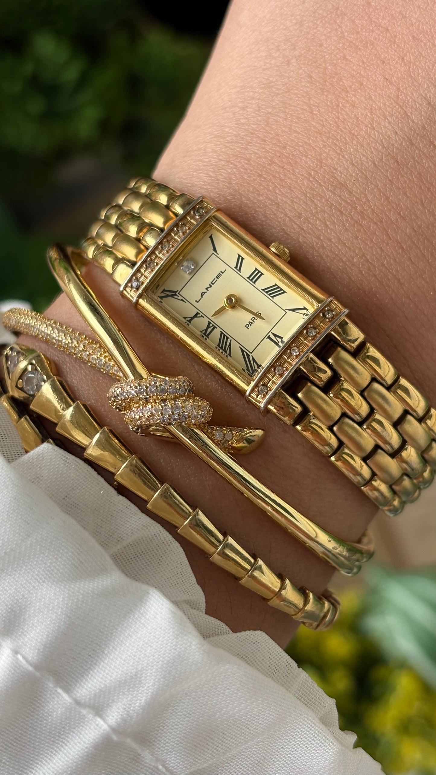 Extremely Rare Vintage Lancel Paris Bejeweled Tank Watch in Gold Tone Japan Quartz