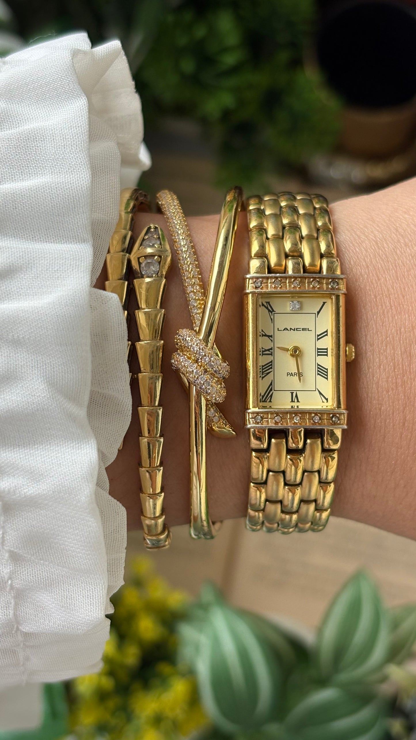 Extremely Rare Vintage Lancel Paris Bejeweled Tank Watch in Gold Tone Japan Quartz