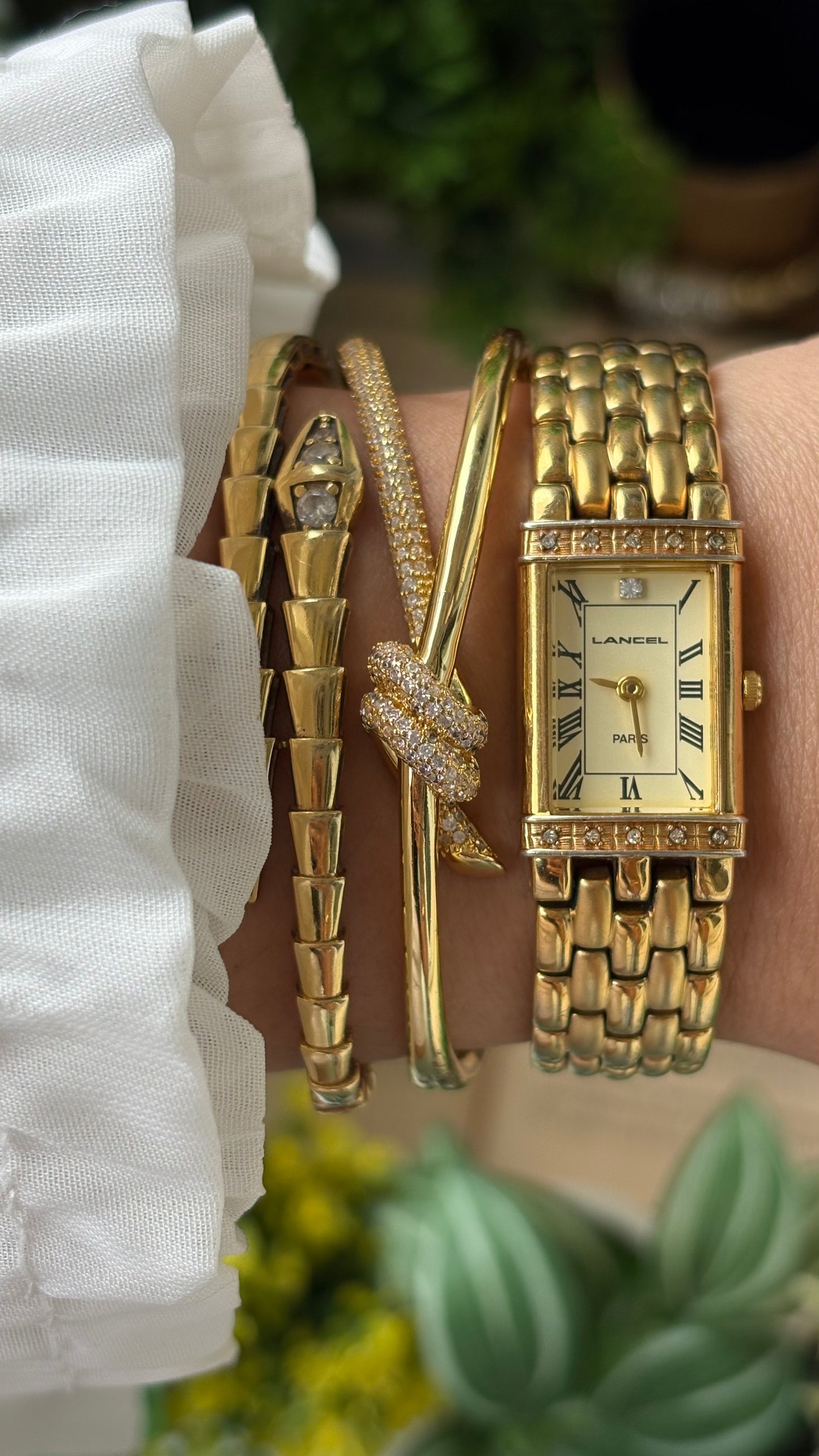 Extremely Rare Vintage Lancel Paris Bejeweled Tank Watch in Gold Tone Japan Quartz