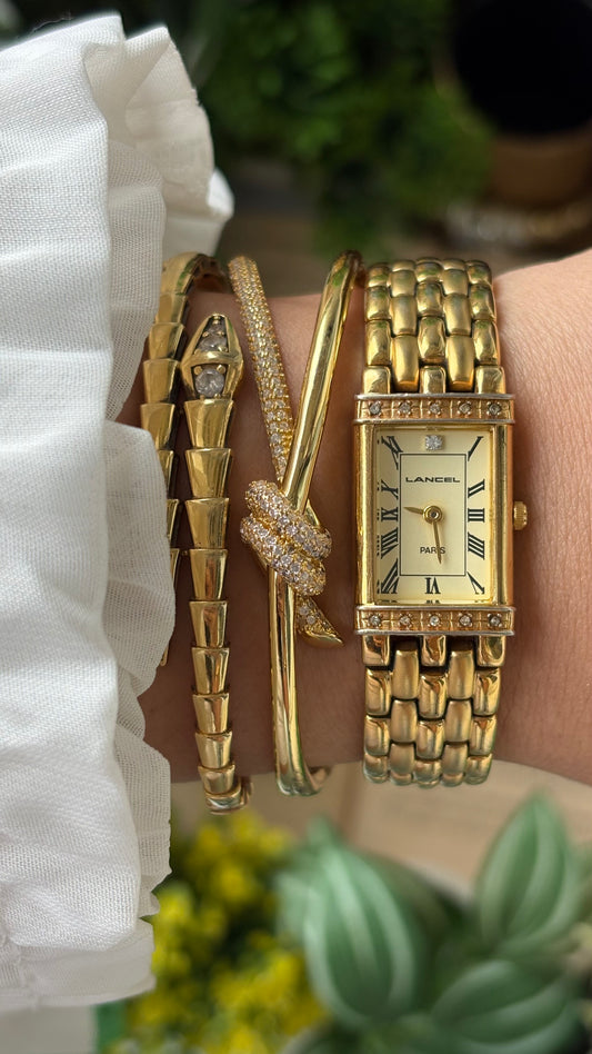 Extremely Rare Vintage Lancel Paris Bejeweled Tank Watch in Gold Tone Japan Quartz