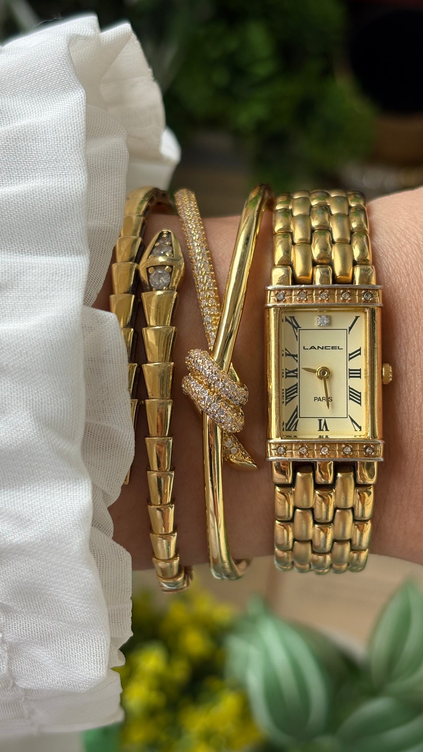 Extremely Rare Vintage Lancel Paris Bejeweled Tank Watch in Gold Tone Japan Quartz