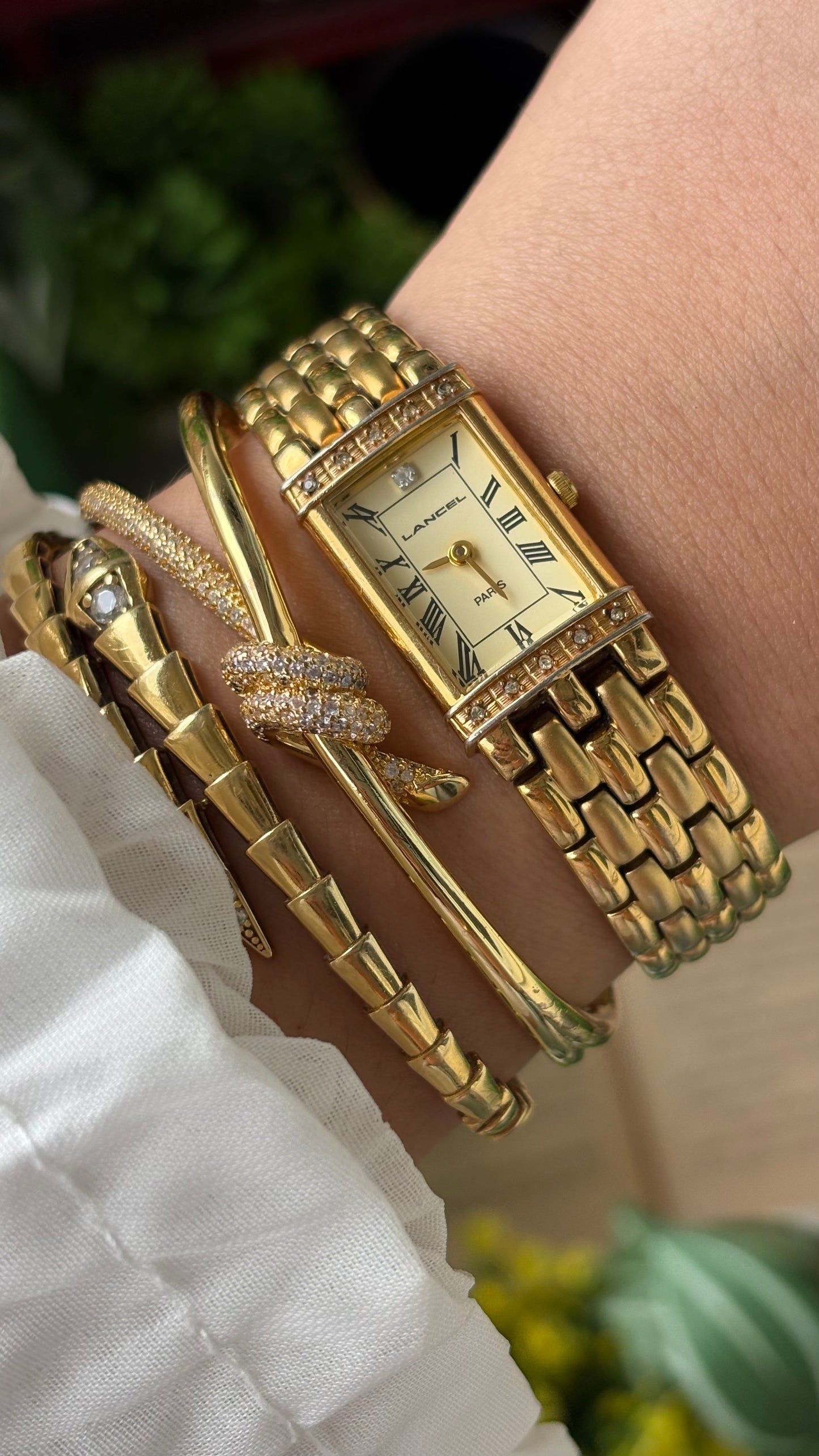 Extremely Rare Vintage Lancel Paris Bejeweled Tank Watch in Gold Tone Japan Quartz