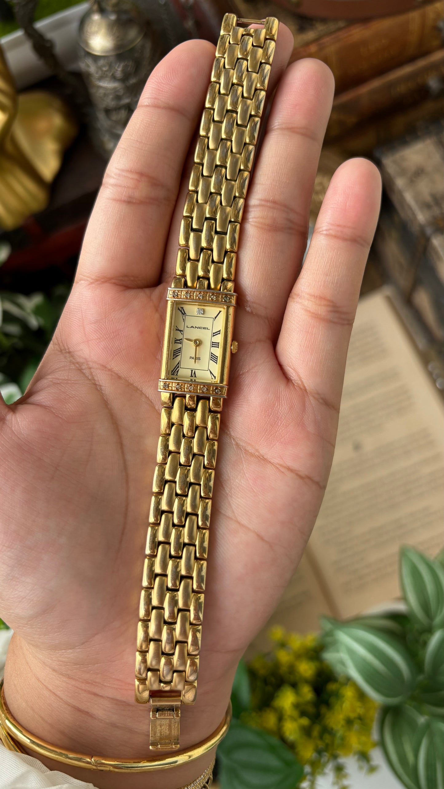 Extremely Rare Vintage Lancel Paris Bejeweled Tank Watch in Gold Tone Japan Quartz