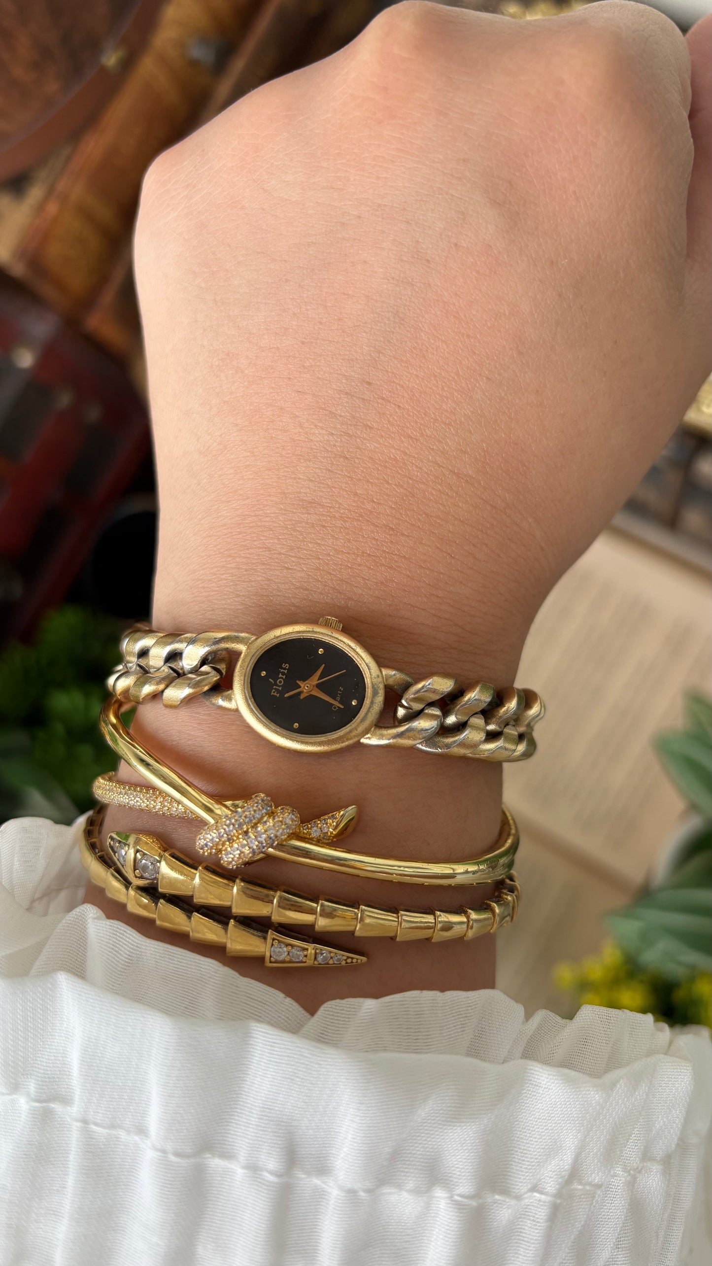 Vintage Floris Chain Watch in Gold Tone Black Dial Quartz