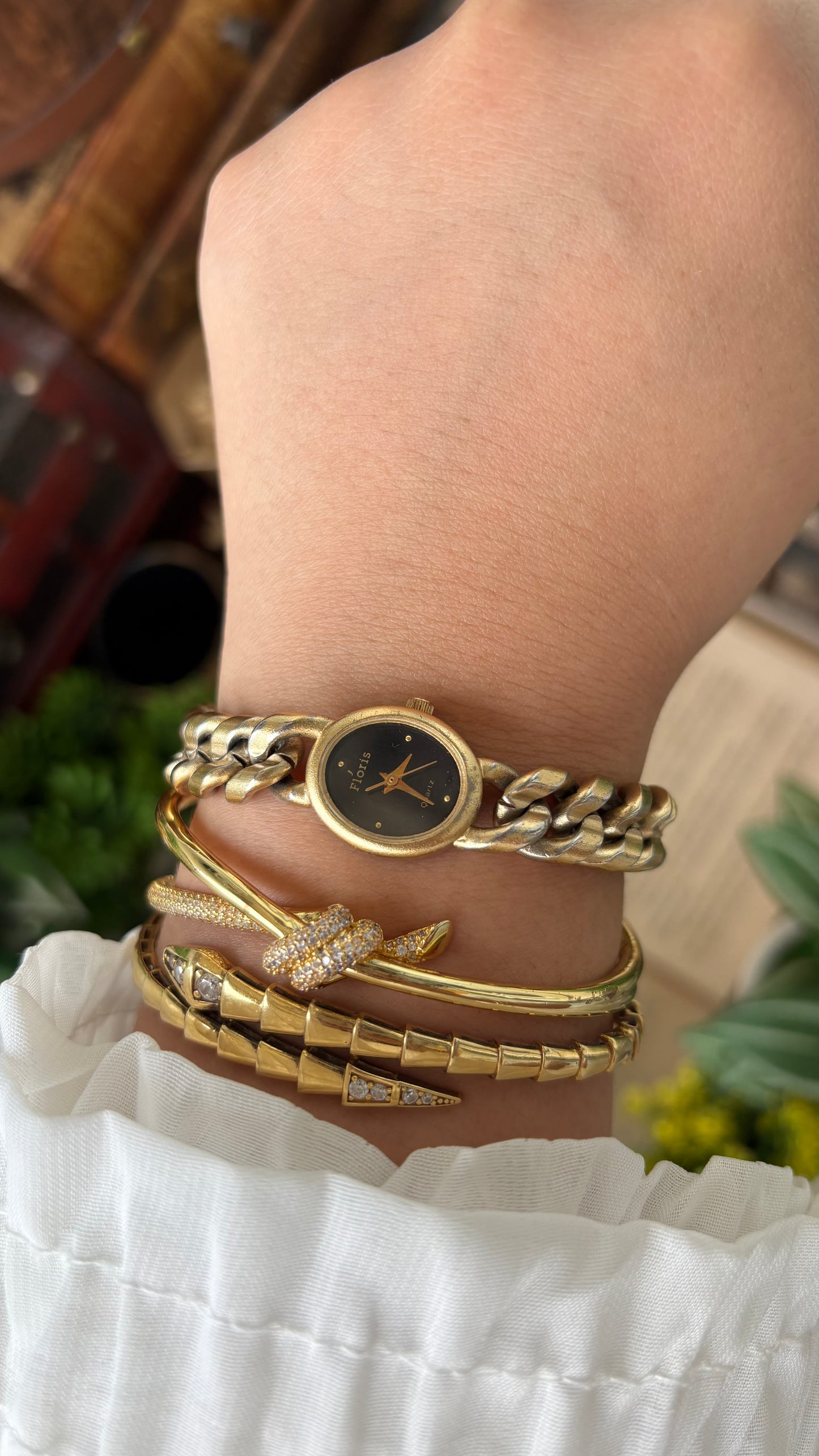 Vintage Floris Chain Watch in Gold Tone Black Dial Quartz