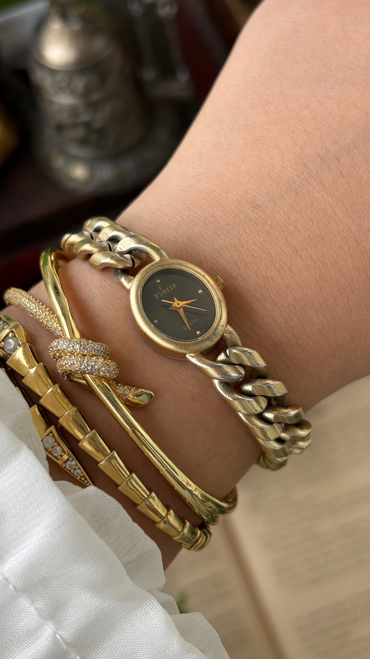 Vintage Floris Chain Watch in Gold Tone Black Dial Quartz