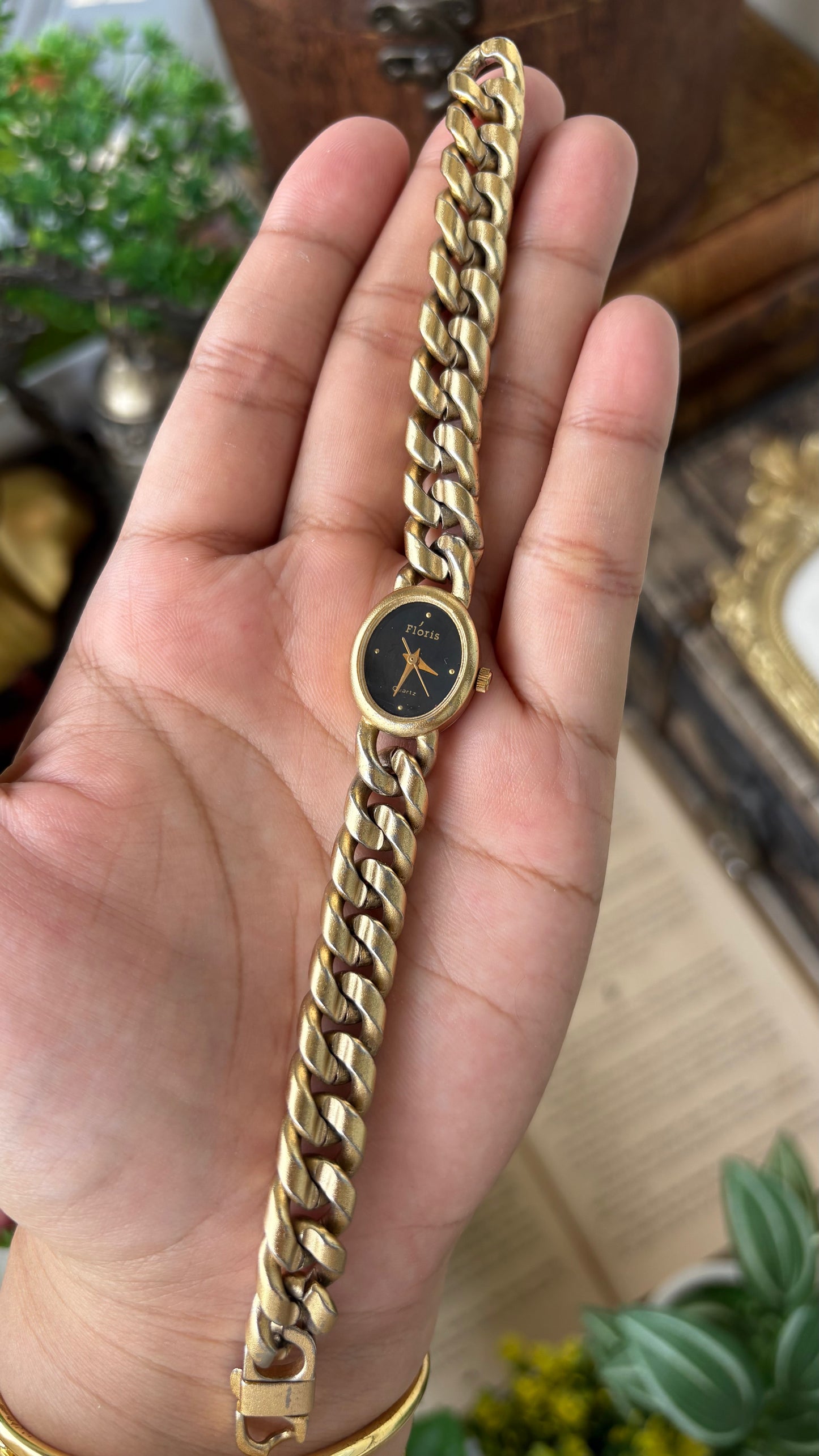 Vintage Floris Chain Watch in Gold Tone Black Dial Quartz