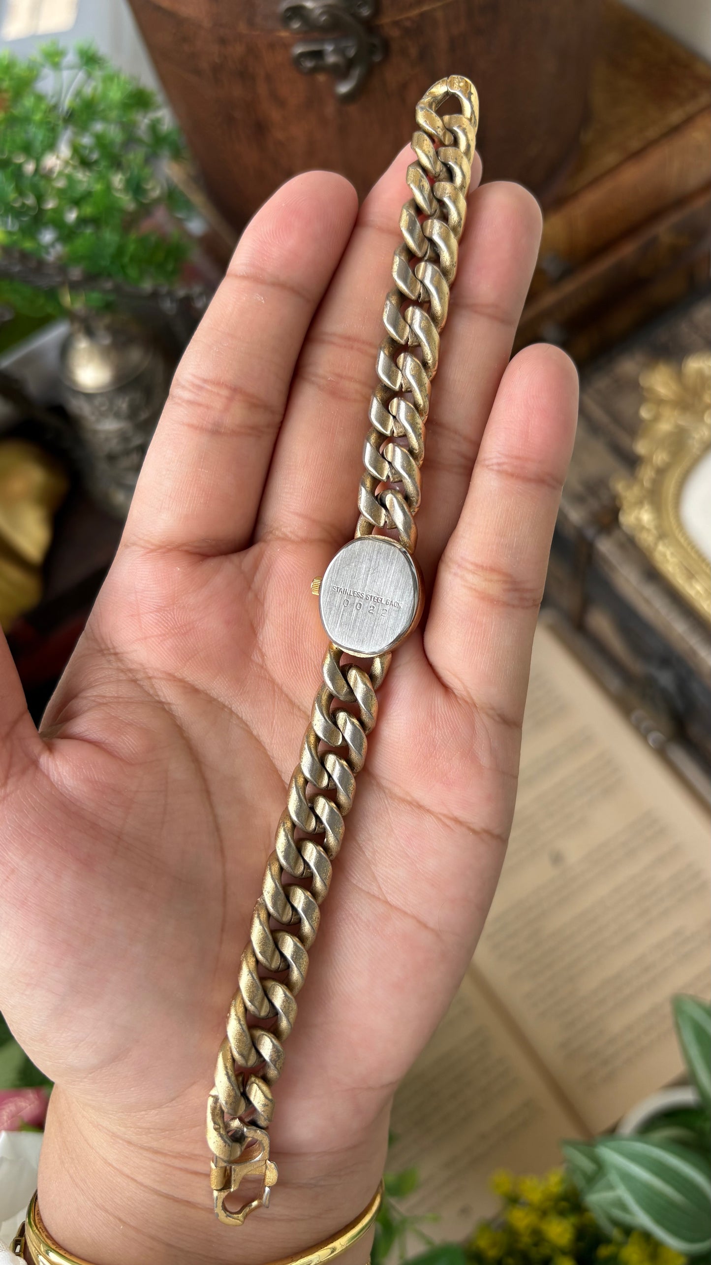 Vintage Floris Chain Watch in Gold Tone Black Dial Quartz