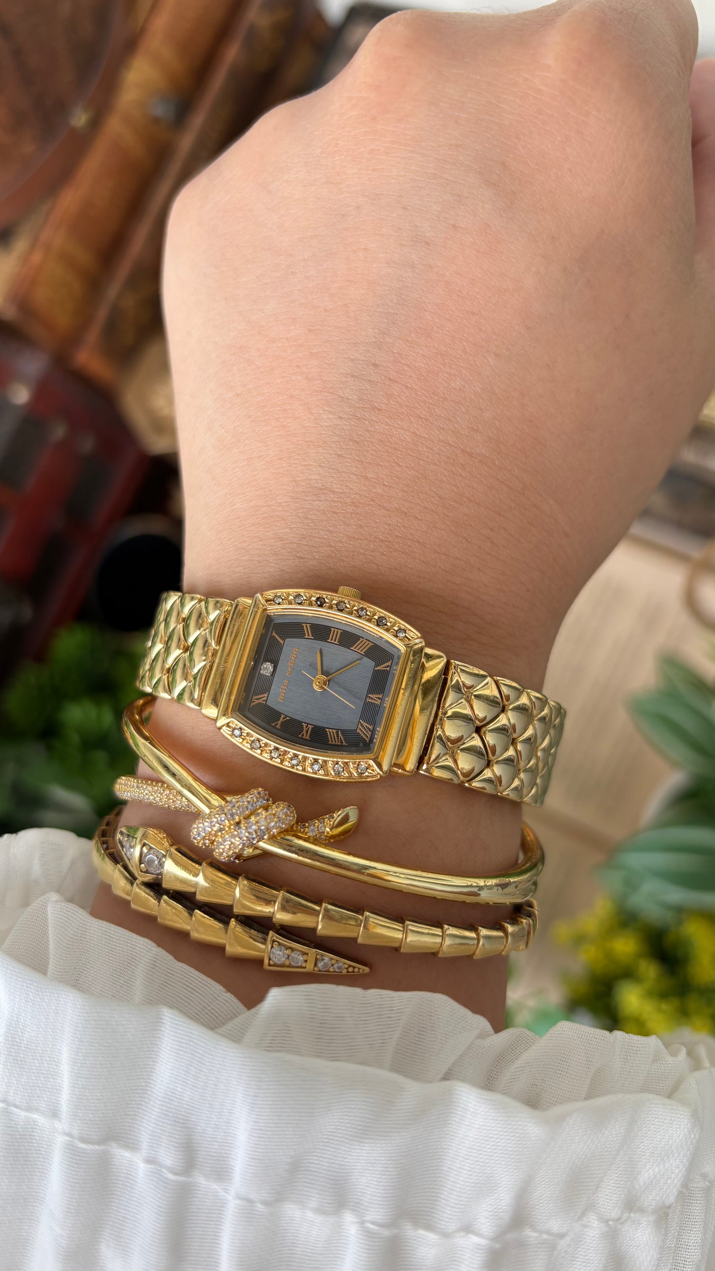 Vintage Mila Schon Watch in Gold Tone Franck Muller Inspired Quartz Quilted Bracelet