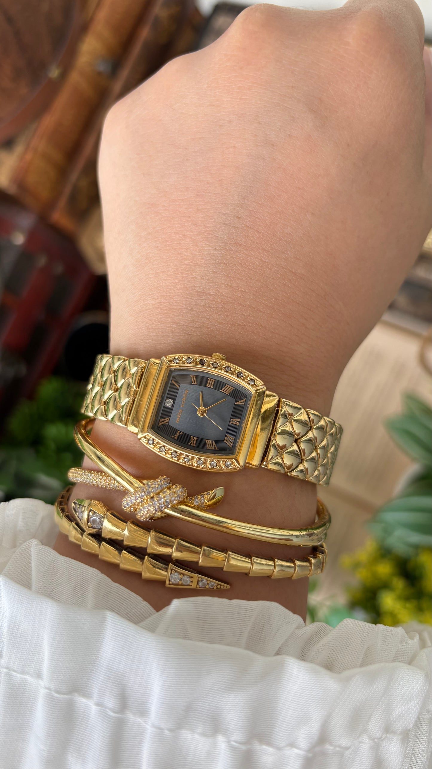 Vintage Mila Schon Watch in Gold Tone Franck Muller Inspired Quartz Quilted Bracelet