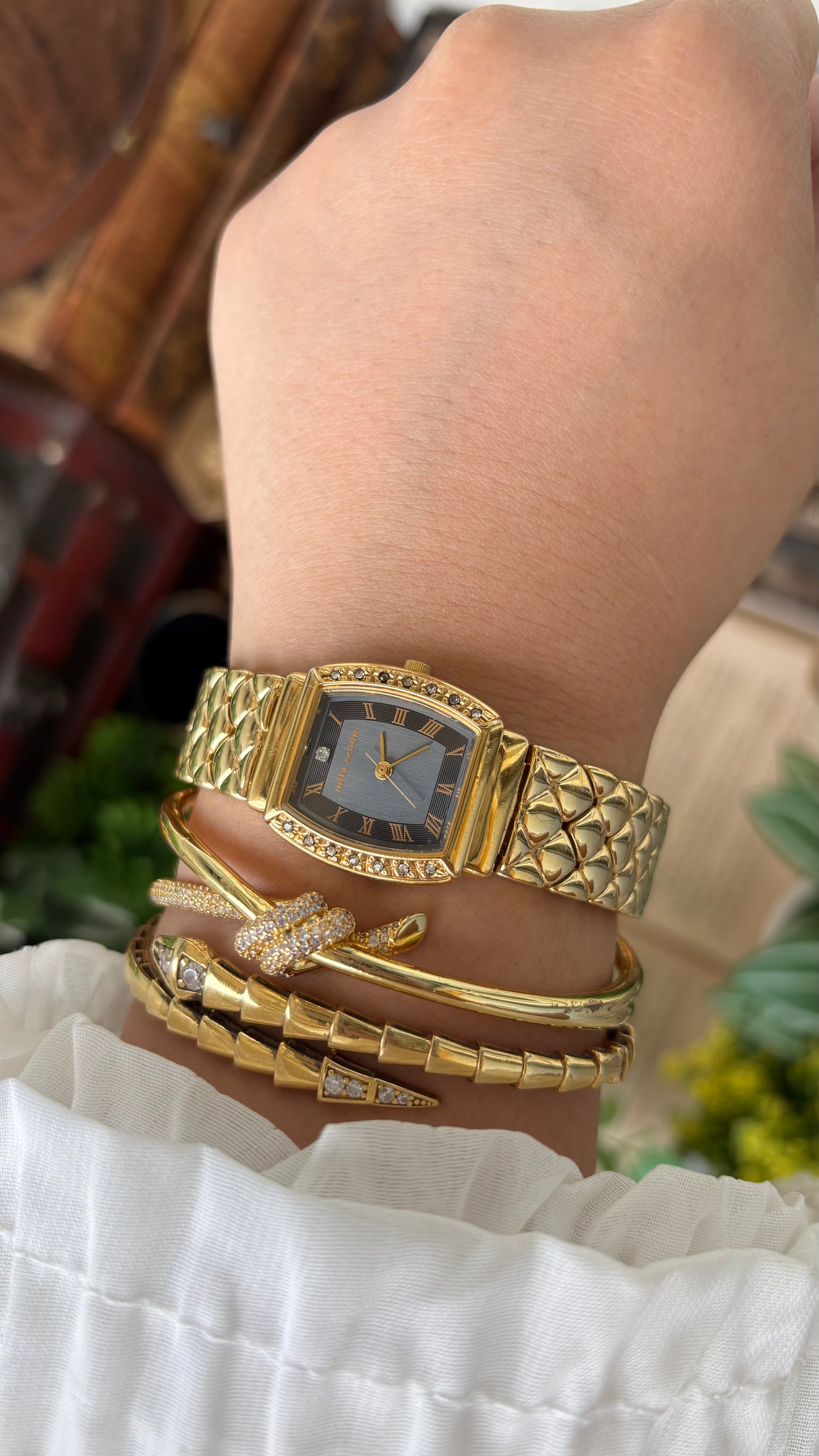 Vintage Mila Schon Watch in Gold Tone Franck Muller Inspired Quartz Quilted Bracelet