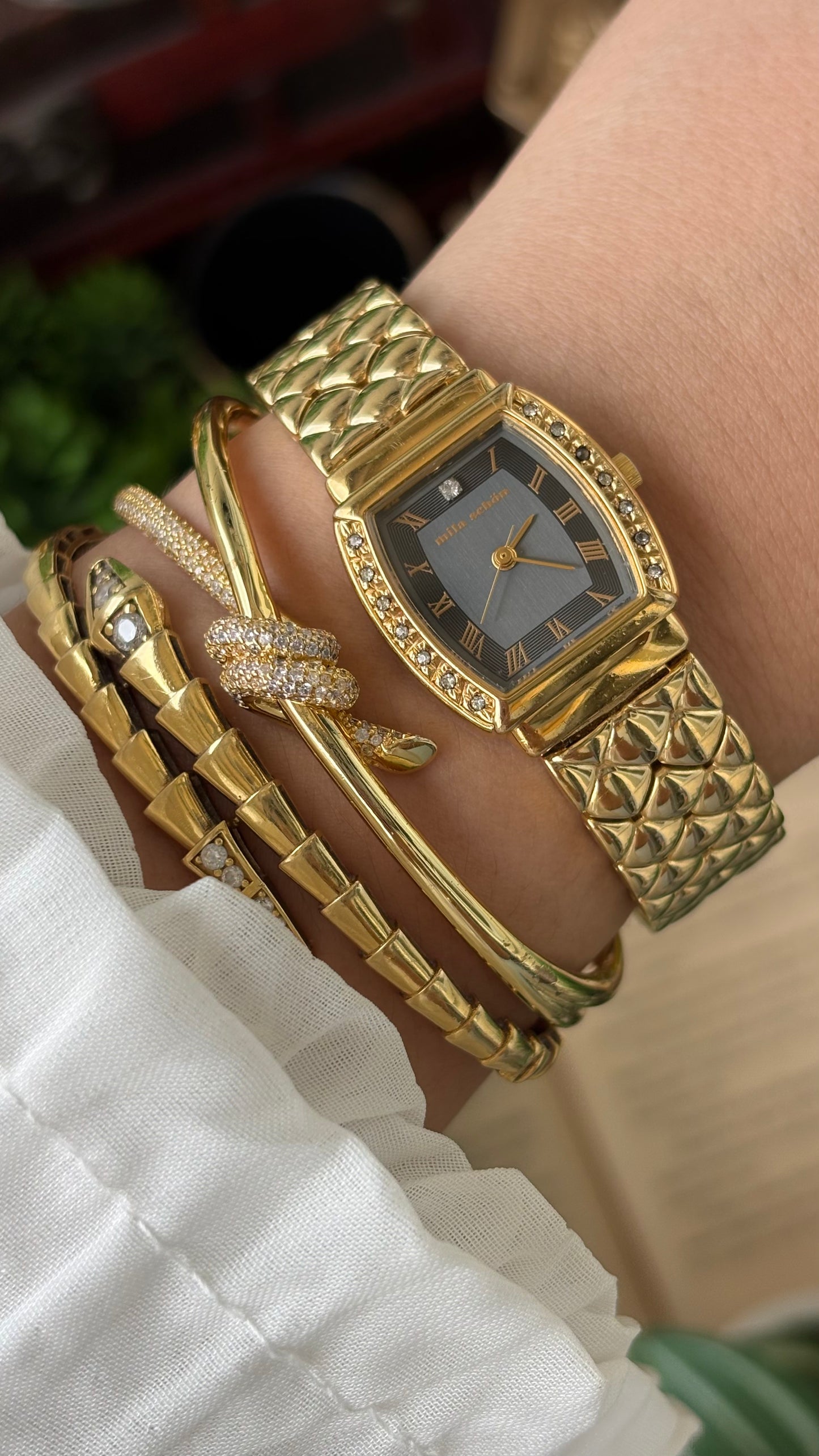 Vintage Mila Schon Watch in Gold Tone Franck Muller Inspired Quartz Quilted Bracelet