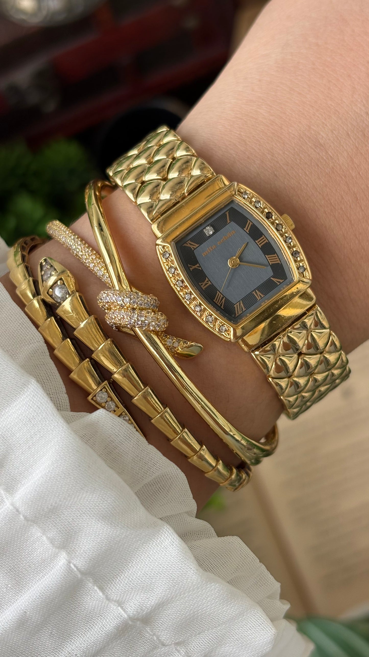 Vintage Mila Schon Watch in Gold Tone Franck Muller Inspired Quartz Quilted Bracelet