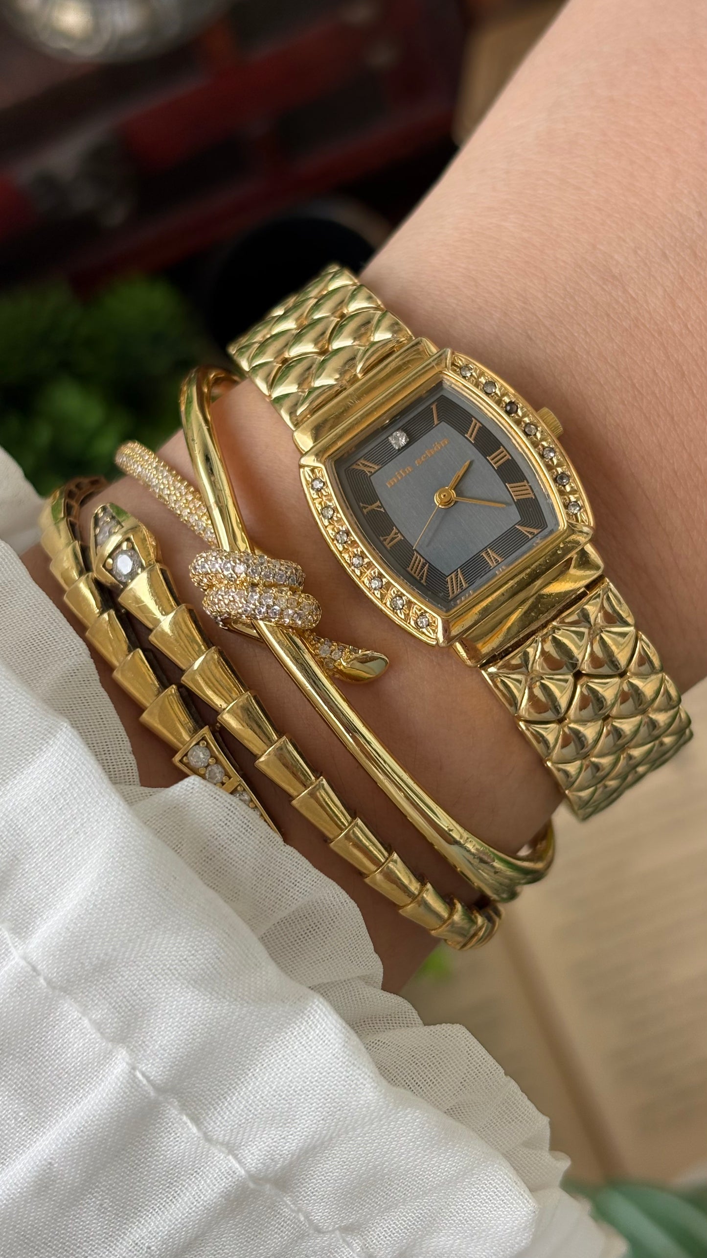 Vintage Mila Schon Watch in Gold Tone Franck Muller Inspired Quartz Quilted Bracelet