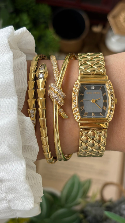 Vintage Mila Schon Watch in Gold Tone Franck Muller Inspired Quartz Quilted Bracelet