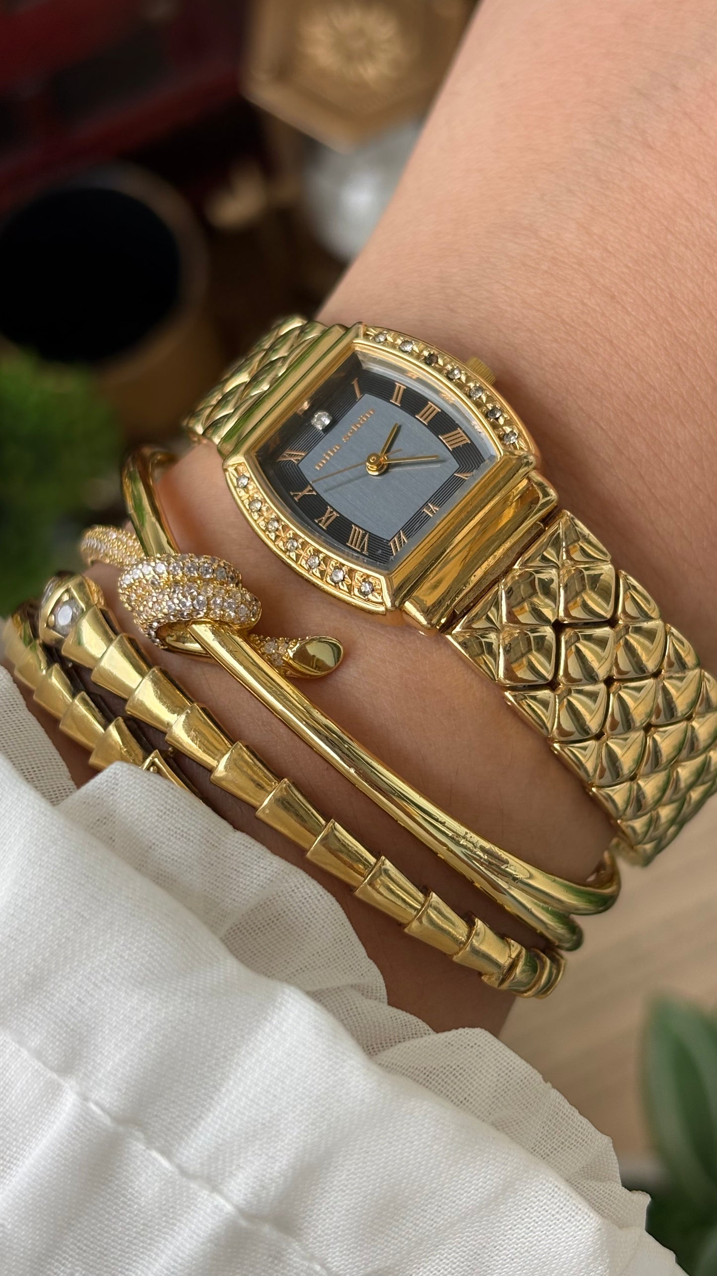 Vintage Mila Schon Watch in Gold Tone Franck Muller Inspired Quartz Quilted Bracelet