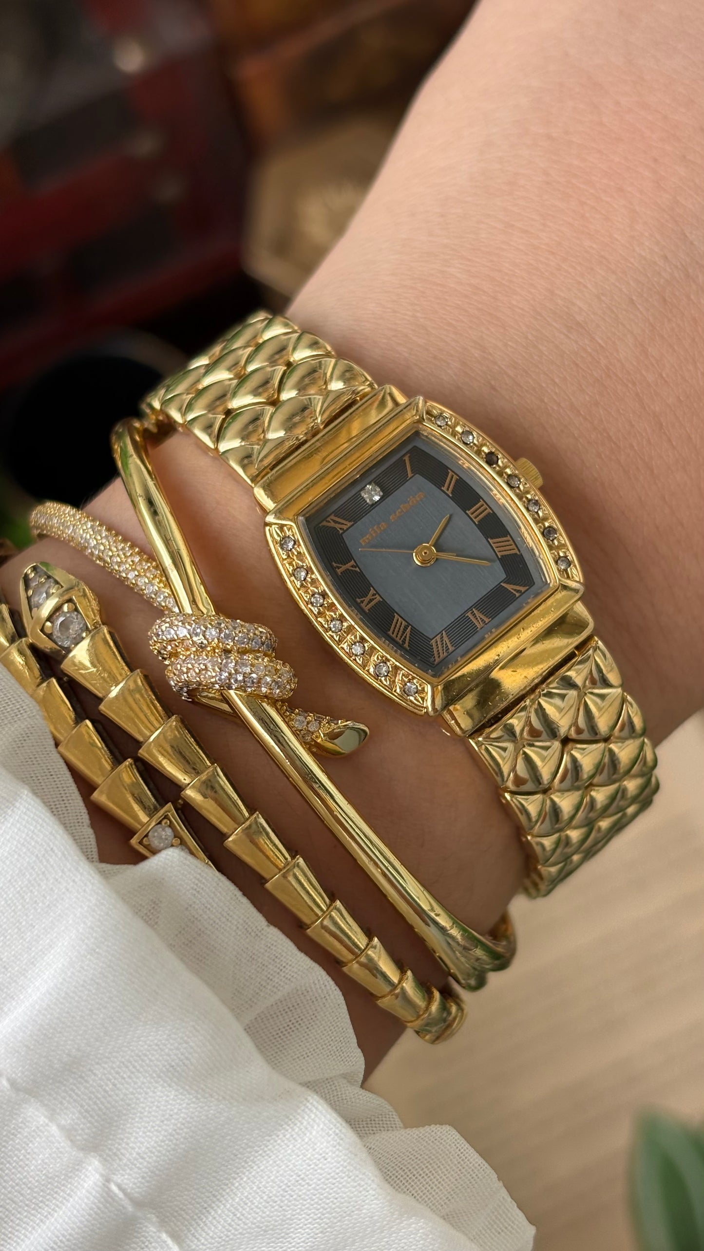 Vintage Mila Schon Watch in Gold Tone Franck Muller Inspired Quartz Quilted Bracelet