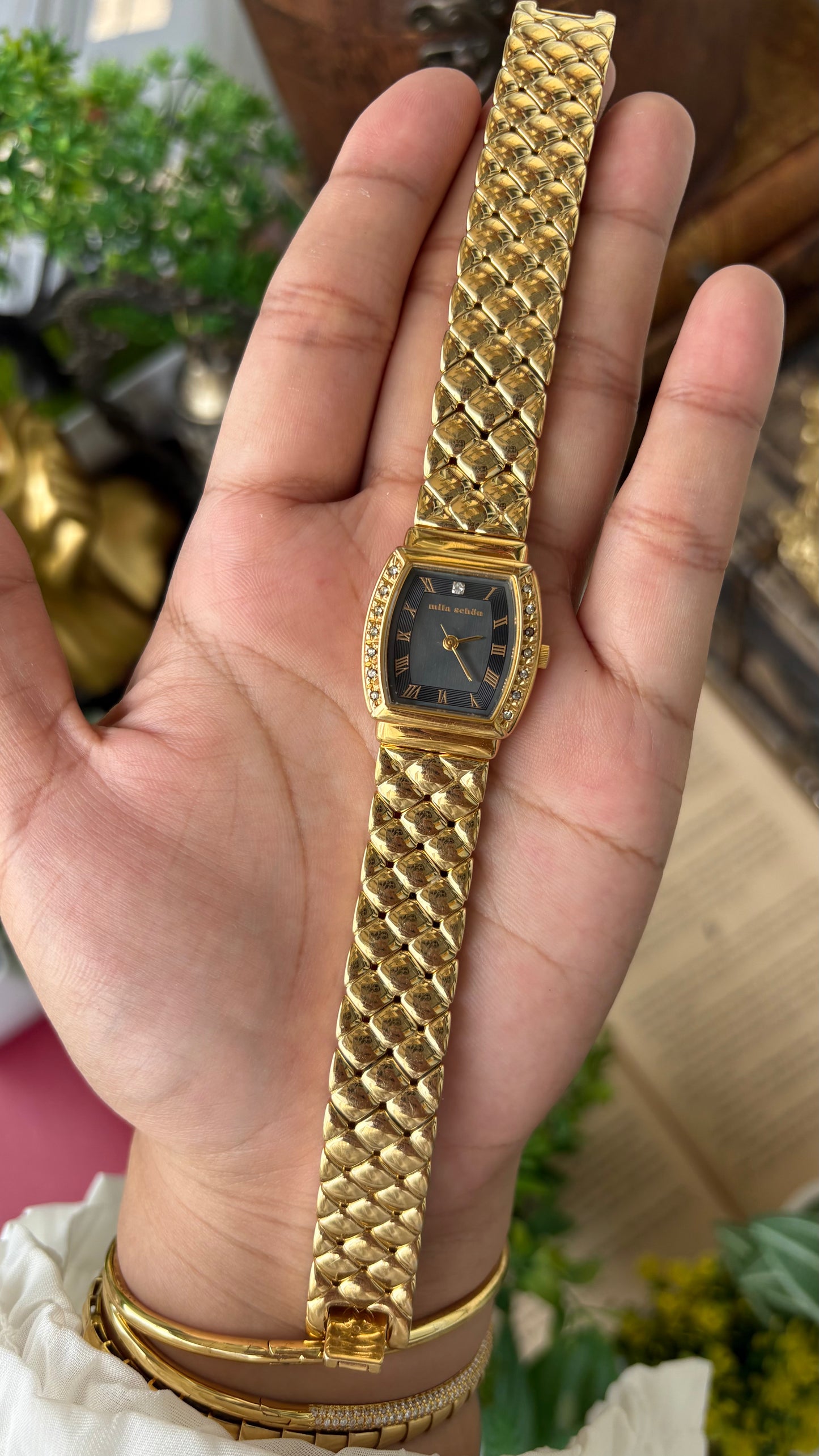 Vintage Mila Schon Watch in Gold Tone Franck Muller Inspired Quartz Quilted Bracelet